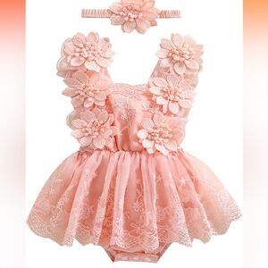 Pink Floral Embroidered Baby Dress Romper with Headband